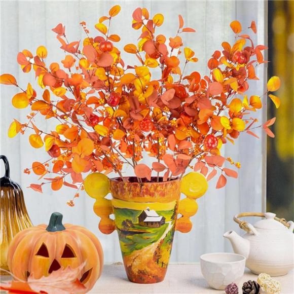 6 Pcs Fall Artificial Eucalyptus Stems with Pumpkins Fall...